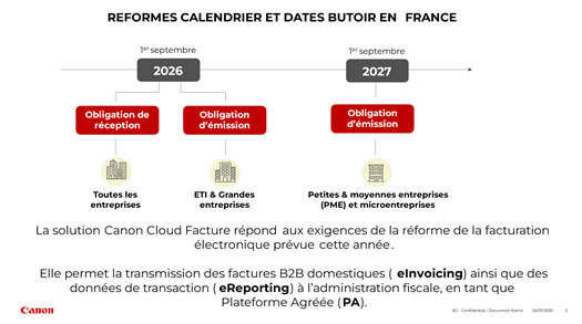 CANON : Dématérialisation des factures fournisseurs : date limite d’entrée en vigueur de la réforme : septembre 2026 pour les TPE, PME et ETI.